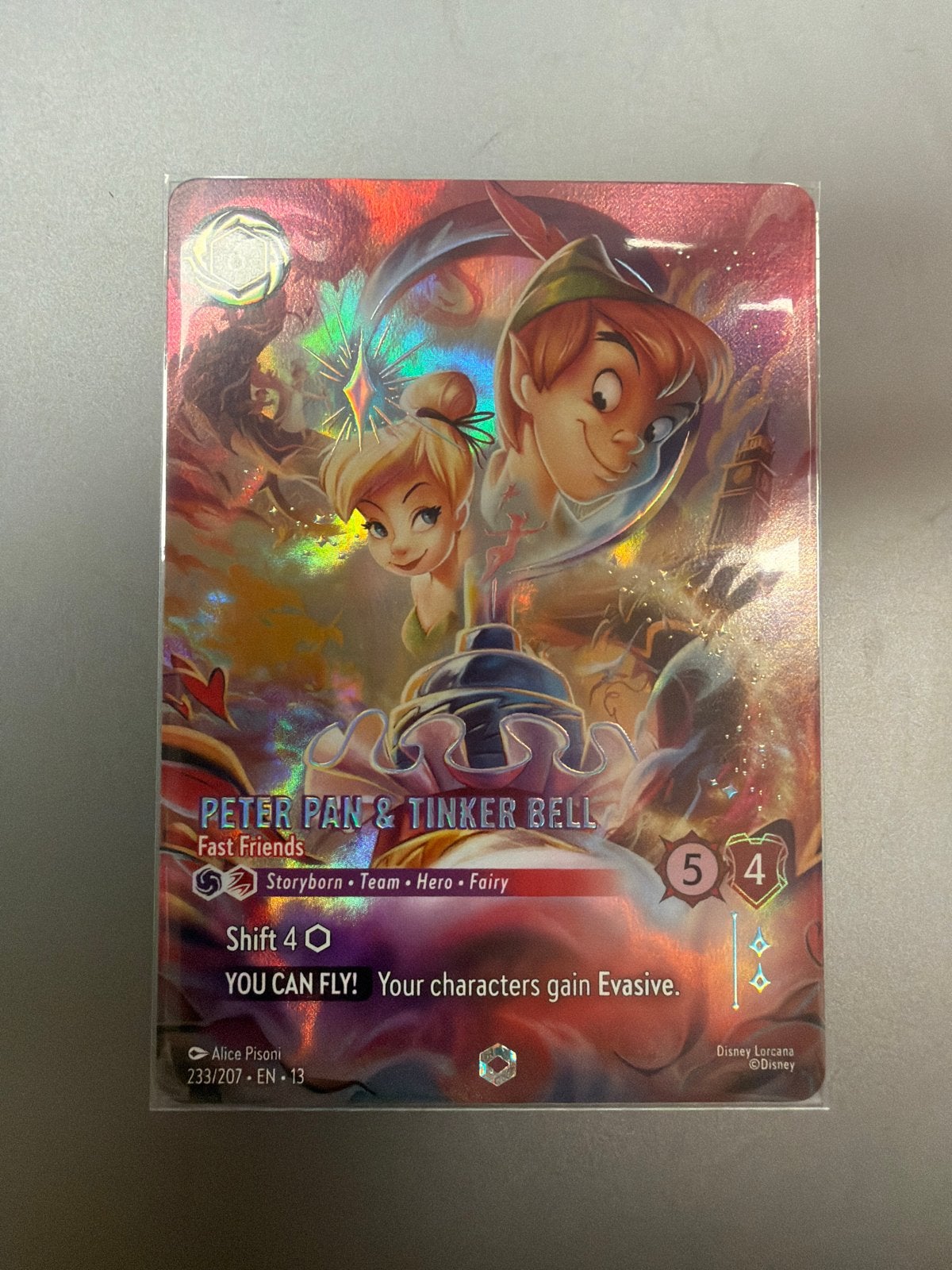 Disney Lorcana Enchanted Peter Pan & Tinker Bell, Ophalen, Zo goed als nieuw, Losse kaart, Foil