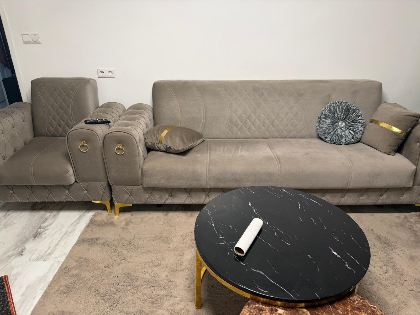 Hotel Chique Bankstel Taupe Velours – 3-Zits + Loveseat, Ophalen, Zo goed als nieuw, Overige materialen, Chesterfield
