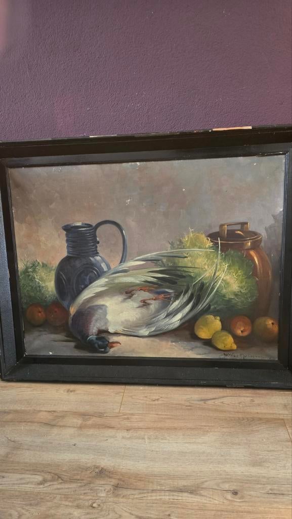 Jachtschilderij met vogel, kruik en fruit, Ophalen