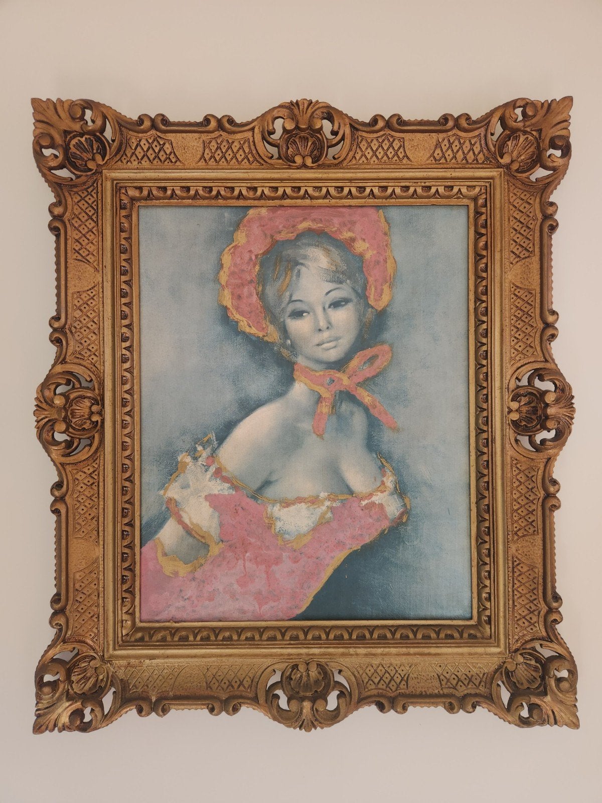 Vintage Portret Schilderij Dame in Roze met Gouden Lijst, Doek, Portret of Personen, Ophalen of Verzenden, Olieverf