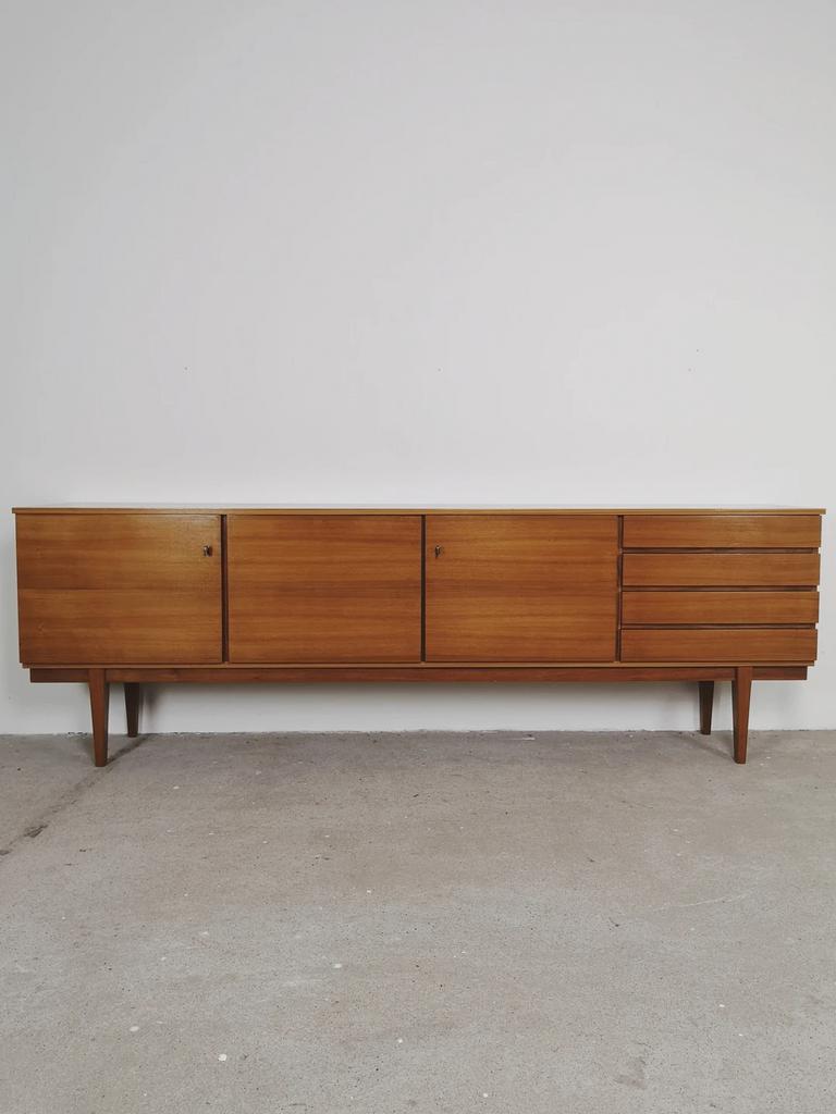 Vintage Deens Dressoir Hout Jaren '60 - Sideboard 249CM, Ophalen, Gebruikt, Teakhout, 200 cm of meer