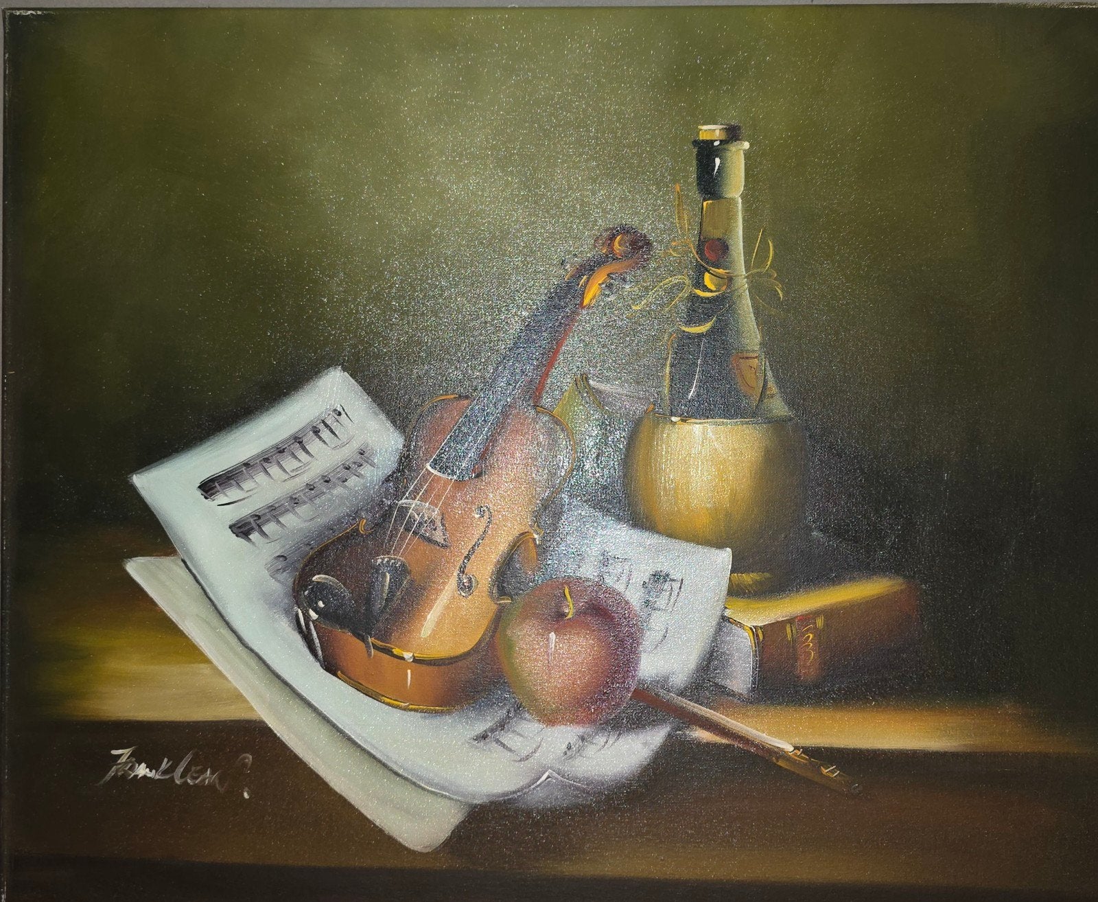 Stilleven met viool en fles - 50x60cm op houten frame, Doek, Stilleven, Ophalen of Verzenden, Olieverf