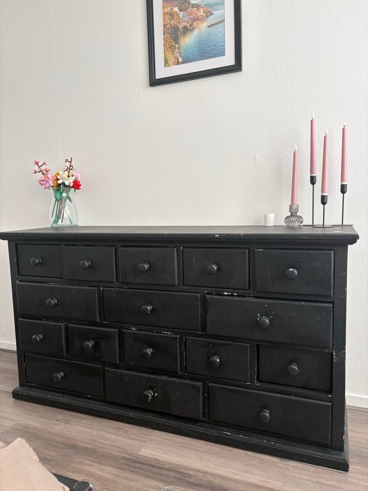Zwart dressoir met 16 lades - Vintage stijl, Ophalen, Gebruikt, 100 tot 150 cm, Met lade(s)