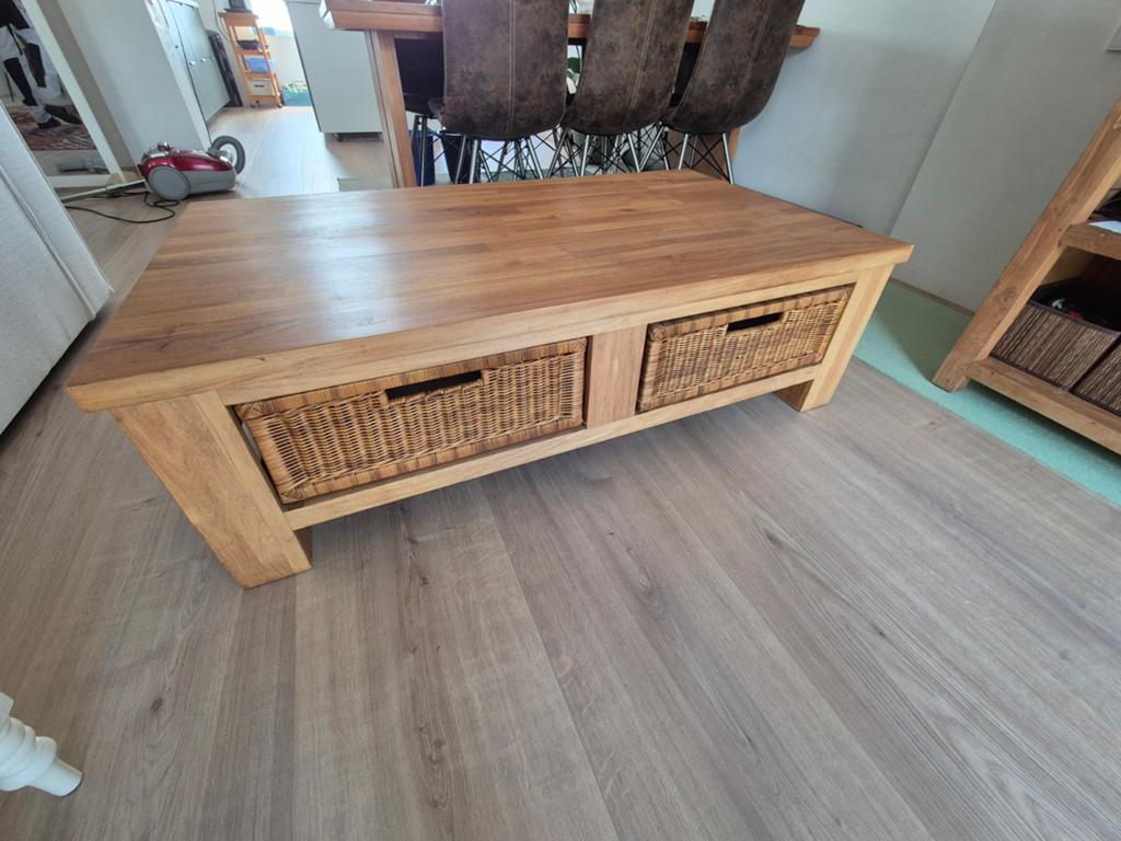 Salontafel van blank teakhout met rieten manden, Gebruikt, 100 tot 150 cm, Overige materialen, Landelijk, Modern