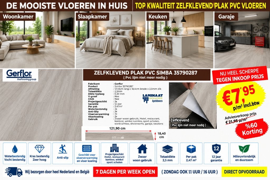 Zelfklevend Plak Pvc Simba 2,5mm dik €7,95m2 incl.btw