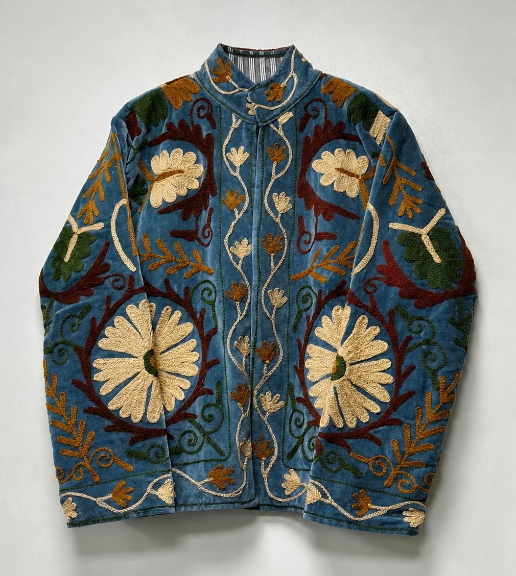 Jasje India Suzani fluweel blauw geborduurd one size, Verzenden, Zo goed als nieuw, Maat 38/40 (M), Blauw