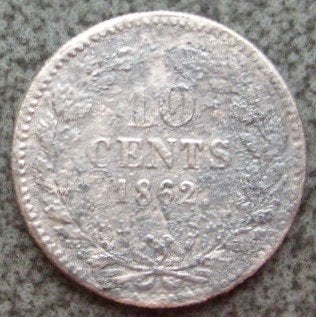 Zilveren dubbeltje - 10 cent 1862. - Bodemvondst., Postzegels en Munten, Koning Willem III, Verzenden, Zilver, 10 cent