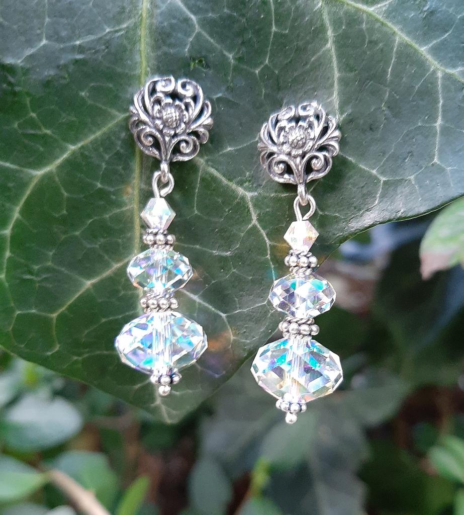 Oorbellen Shiny Chique swarovski brioletten-bicone zilver, Wit, Nieuw, Knopjes of Stekers, Zilver