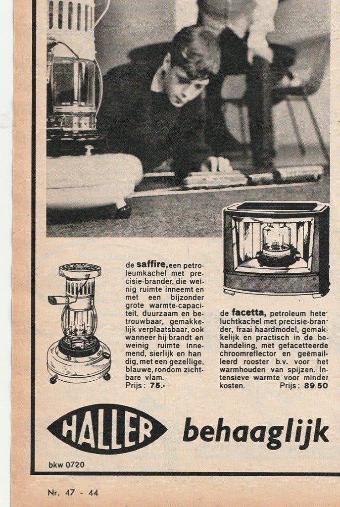 retro reclame 1962 Haller petroleum kachel behaaglijk jongen, Verzenden, Overige typen