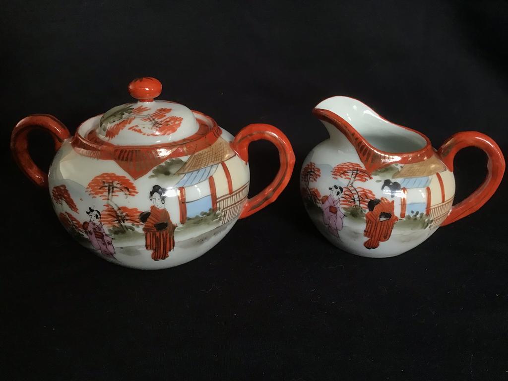 Antieke melkkan + suikerpot Japans - Kutani porselein Geisha, Antiek en Kunst, Antiek | Servies los, Ophalen of Verzenden
