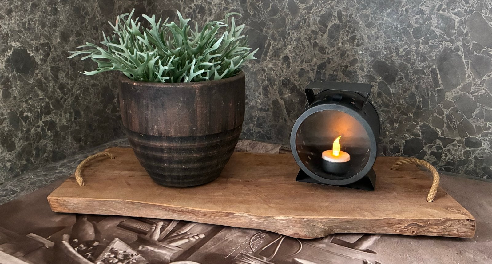 Decoratief houten dienblad met touw handvatten, Hout, Gebruikt, Ophalen of Verzenden, Landelijk