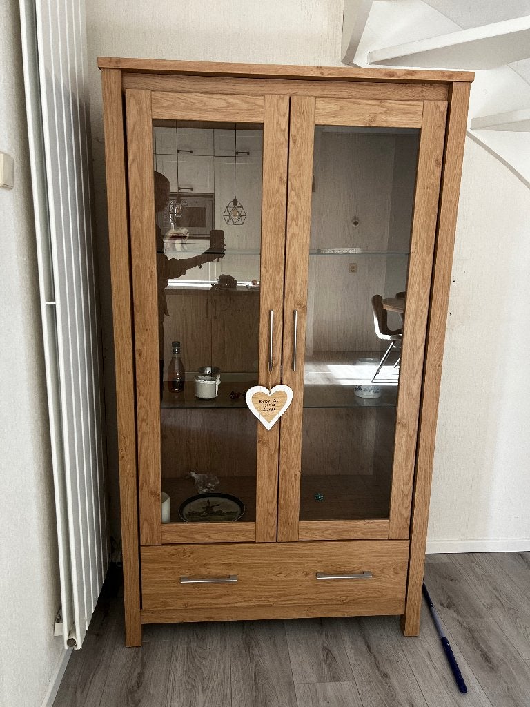 Eiken houten vitrinekast, Ophalen, Gebruikt, Met lade(s), 150 tot 200 cm