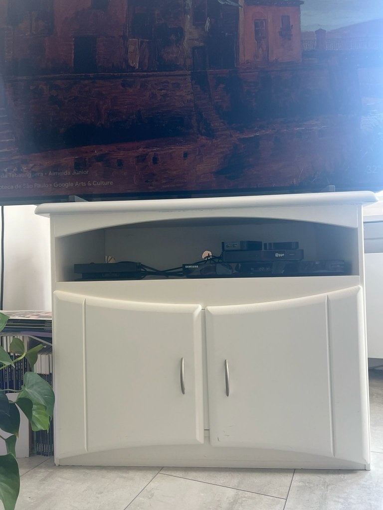 Tv Meubel Eiken wit en grijs, Ophalen, Minder dan 50 cm, Gebruikt, Stevig Tv meubel
