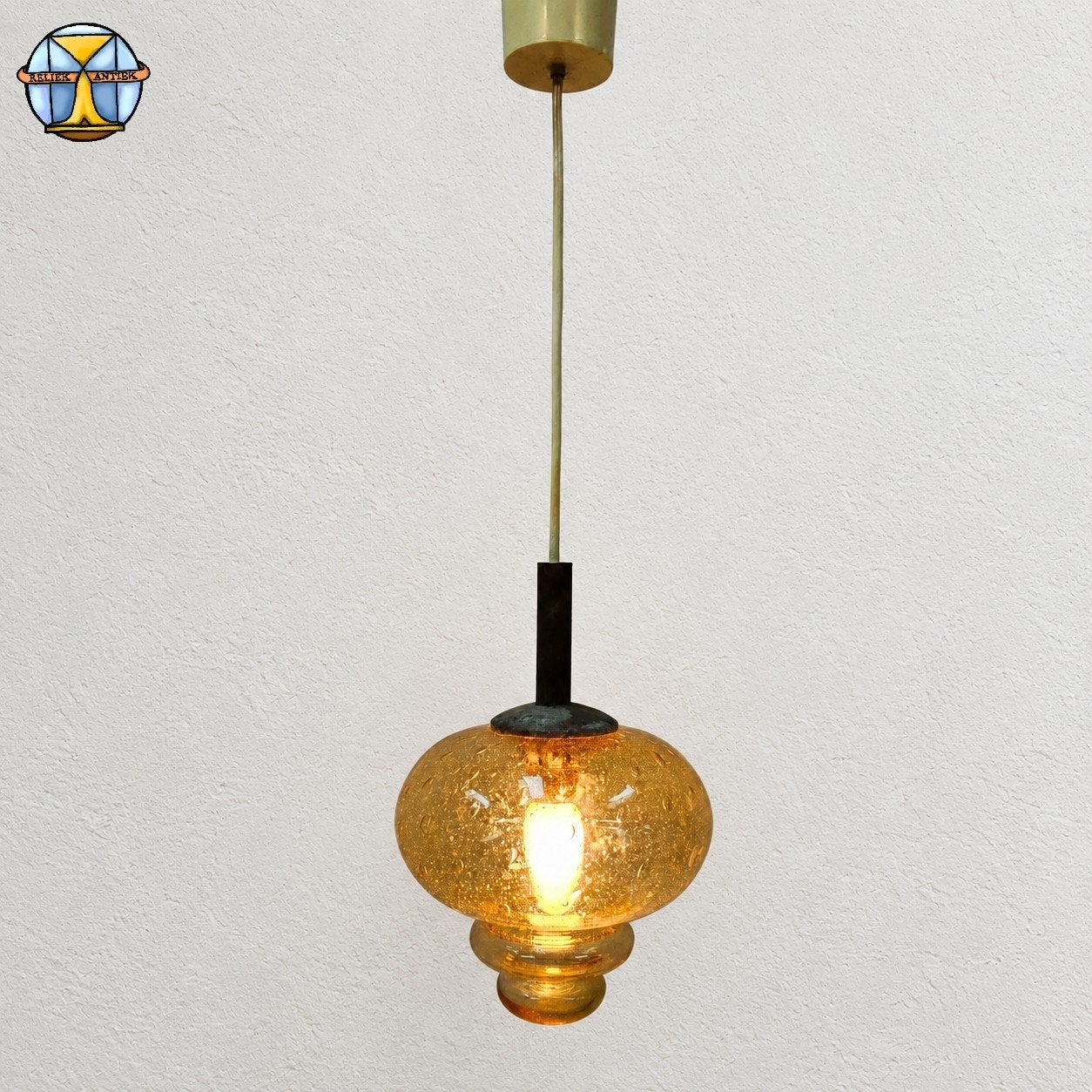 Vintage glazen hanglamp (luchtbellen glas) 60s/70s Glashutte, Gebruikt, ., E14 (klein), Ophalen of Verzenden