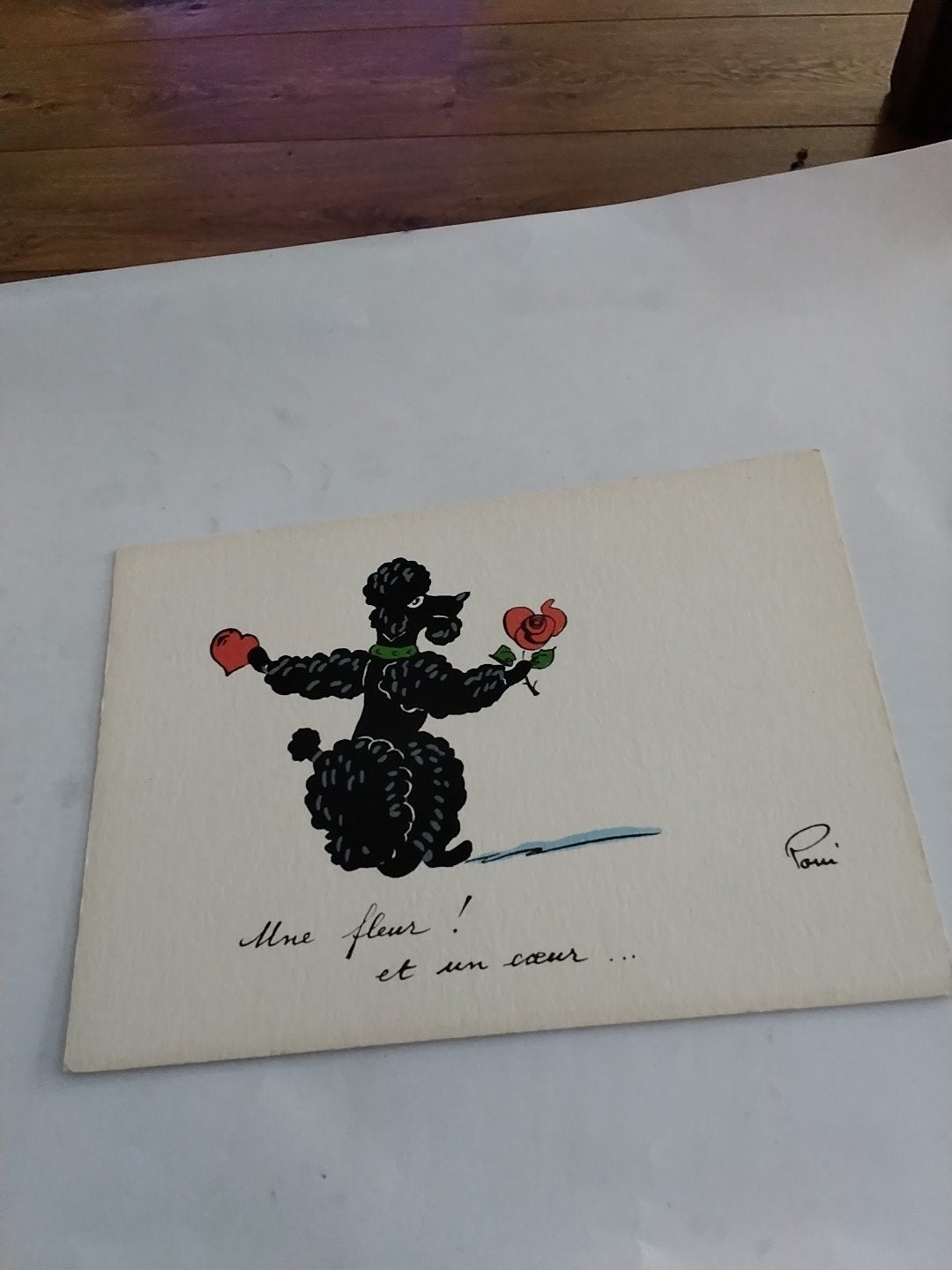 Vintage Poodle Ansichtkaart - 'Une fleur et un coeur', Ophalen of Verzenden