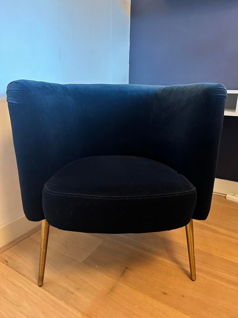Splinternieuwe fauteuil in donkerblauw fluweel, Ophalen, Blauw, Zo goed als nieuw, Eén