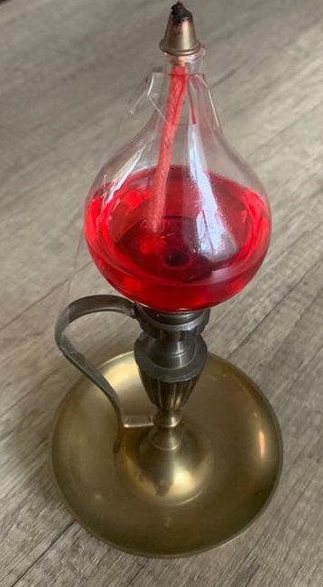 Antieke koperen olielamp, Antiek en Kunst, Ophalen of Verzenden