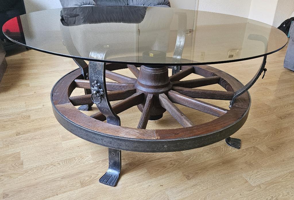 Salontafel van antiek houten wagenwiel, Ophalen, Gebruikt, 50 tot 75 cm, Rond
