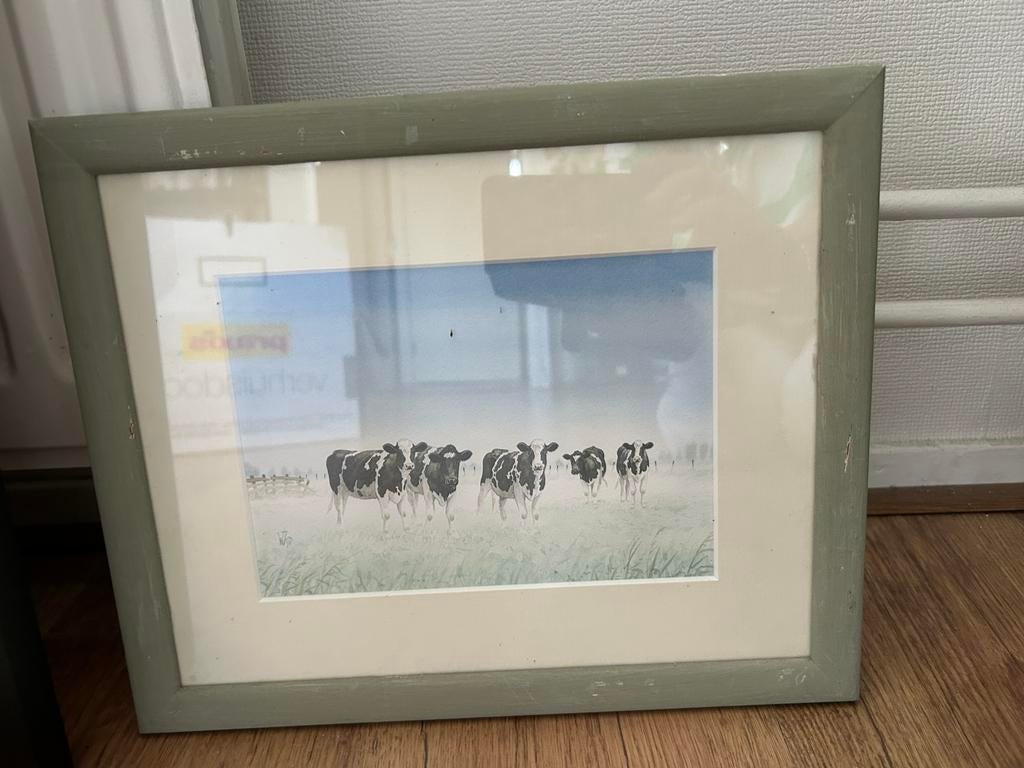 Aquarel Wiebe Van der Zee - Koeien in Landschap, Gebruikt, Oorspronkelijke maker, Ophalen of Verzenden, Schilderij