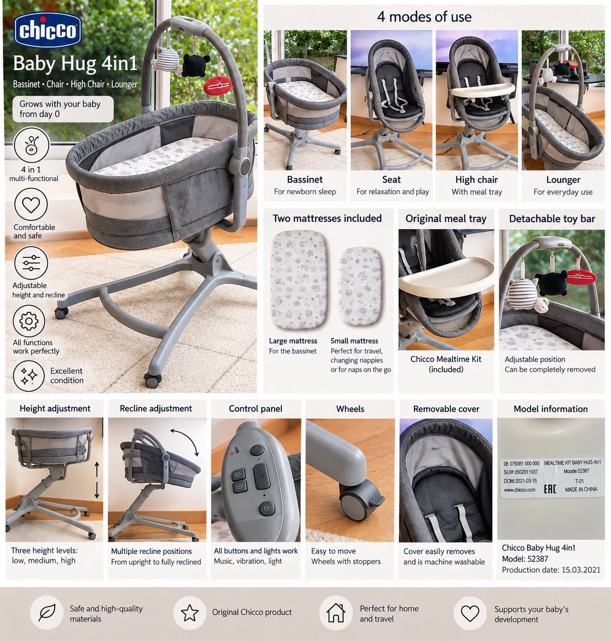 Chicco Baby Hug 4in1 compleet + eetblad + 2 matrassen, Kinderen en Baby's, Ophalen, Zo goed als nieuw, Meegroeistoel, Afneembaar eetblad