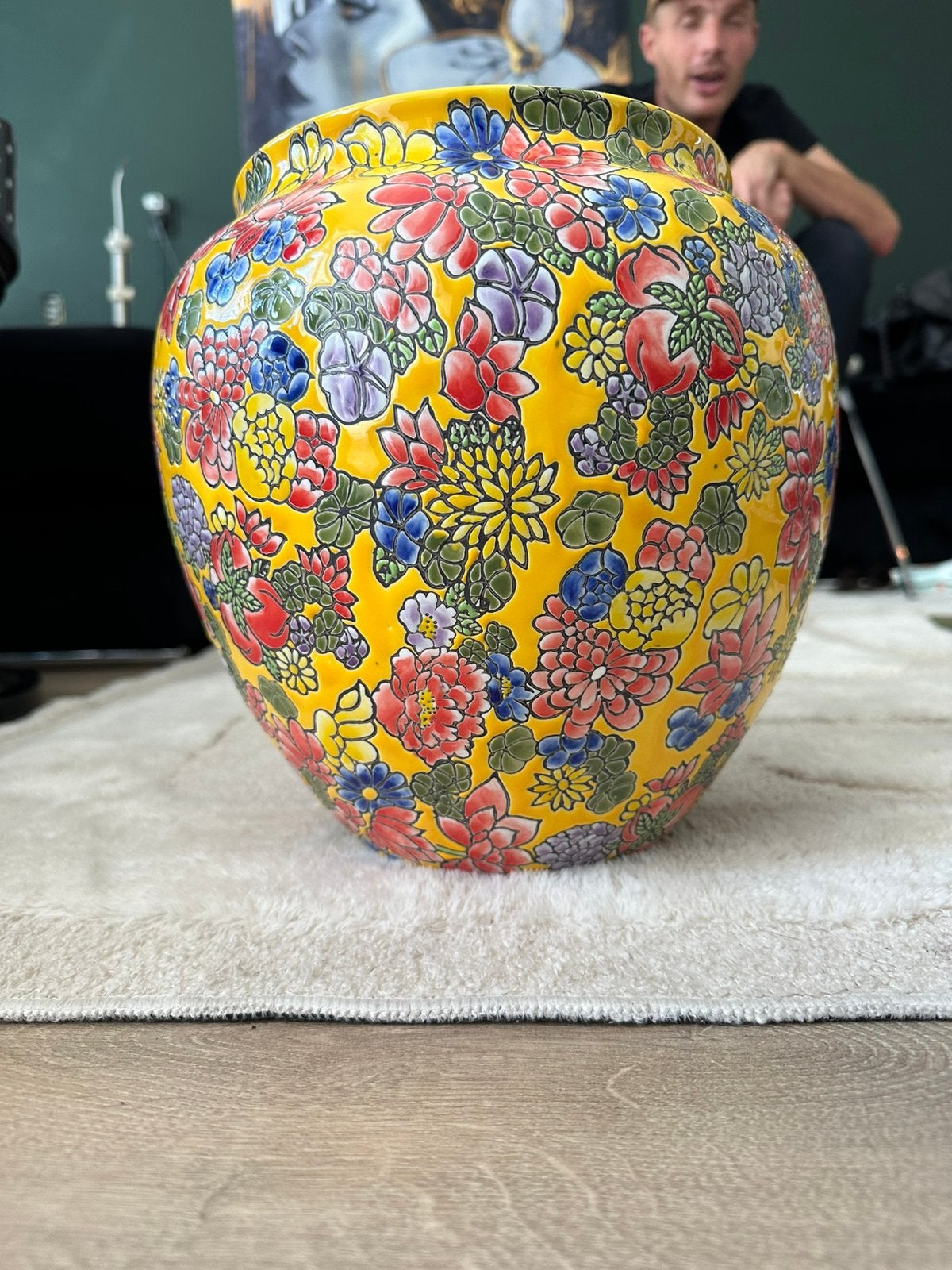 Grote kleurrijke keramieken vaas / pot – bloemenmotief, Ophalen of Verzenden, Zo goed als nieuw, Meerkleurig, Steen/keramiek
