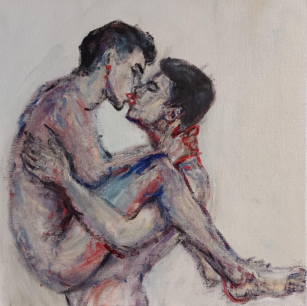 Mooi schilderij op doek 'The Kiss' - queer art, Verzenden