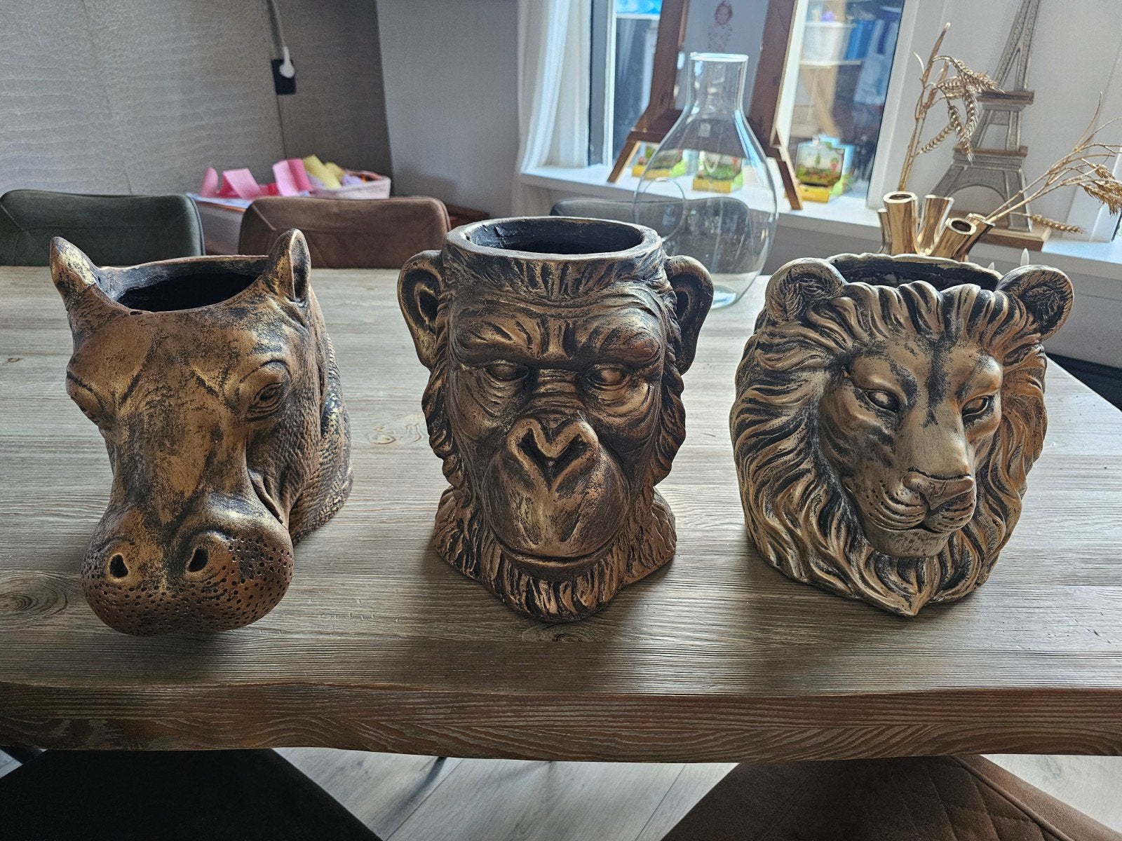 3 mooie zgan bloempotten met dierenhoofden, Ophalen, Overige materialen, Binnen, Zo goed als nieuw