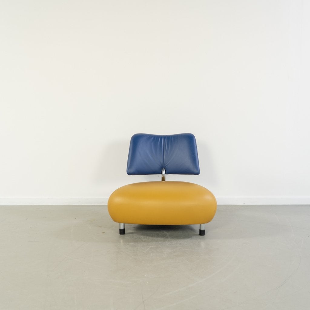 1x Leolux Pallone Fauteuil Okergeel/Blauw Leer - Chroom, Niet ingevuld, Niet ingevuld, 75 tot 100 cm, Ophalen of Verzenden