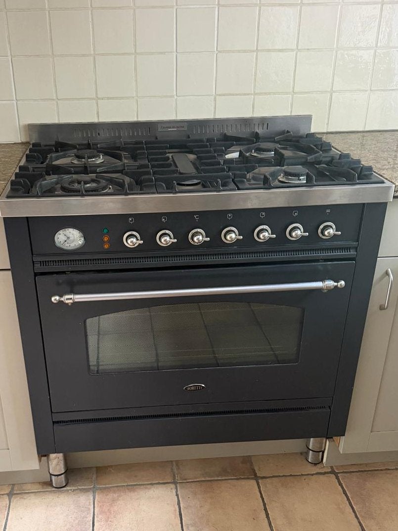 Boretti 90 cm gasfornuis 5-pits zwart/rvs - zeer mooi, Witgoed en Apparatuur, Ophalen, Gebruikt, 60 cm of meer, Gas