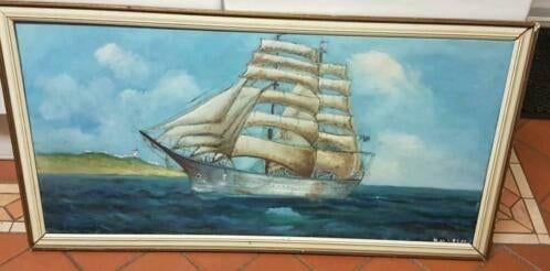 Olieverf schilderij tweemaster op zee H. v d Velde. Tallship, Antiek en Kunst, Ophalen