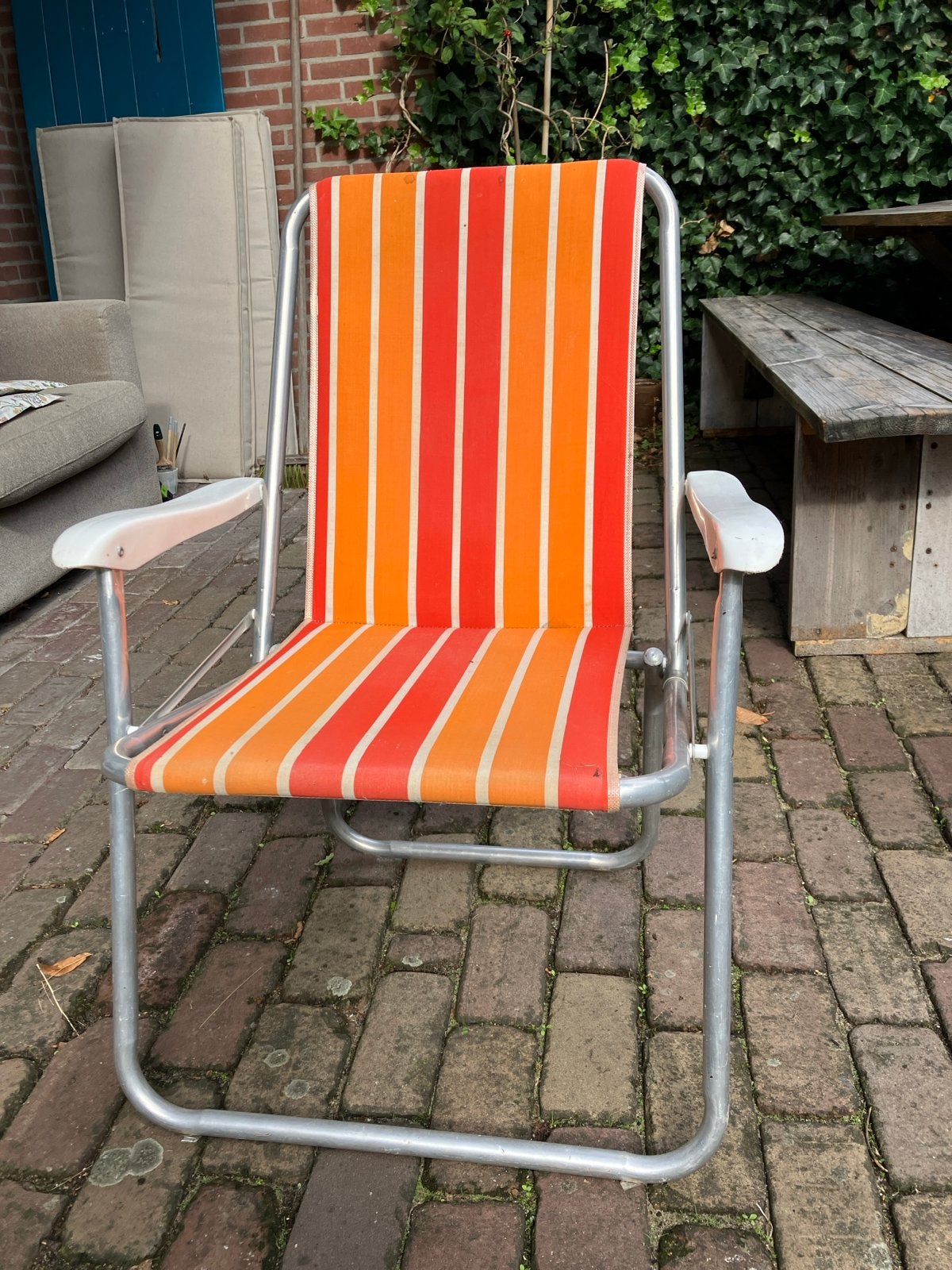 Vintage Campingstoel - Oranje/Rood Gestreept, Ophalen, Gebruikt, Campingstoel