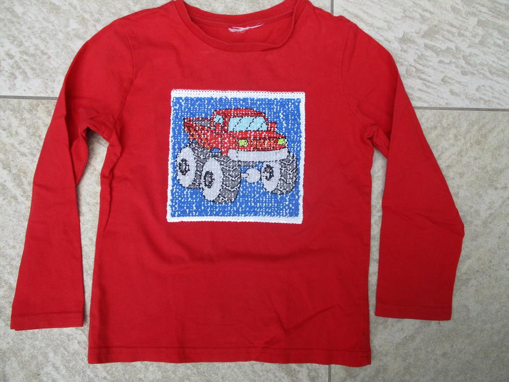 Longsleeve rood beweegbare pailletten maat 98 T-shirt auto, Ophalen of Verzenden, Zo goed als nieuw, Jongen, Shirt of Longsleeve