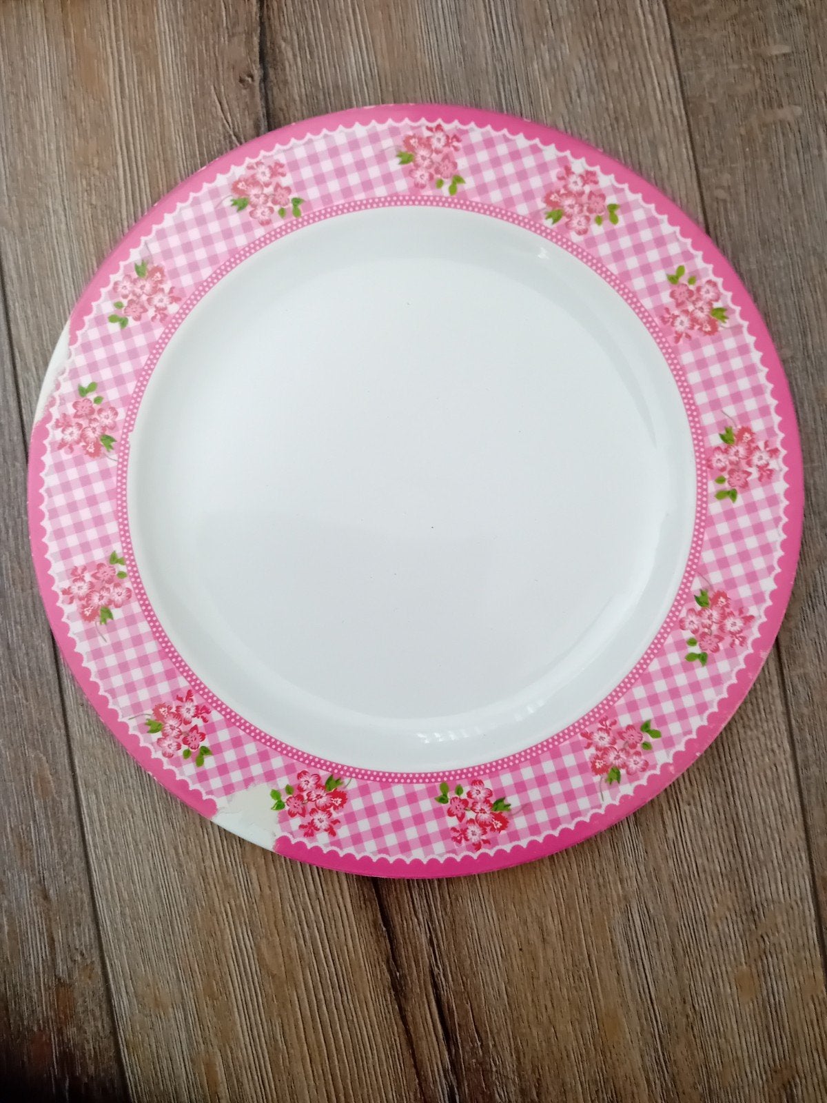 Twee vrolijke borden met bloemen en ruitjespatroon, Kunststof, Gebruikt, Vintage, Ophalen of Verzenden