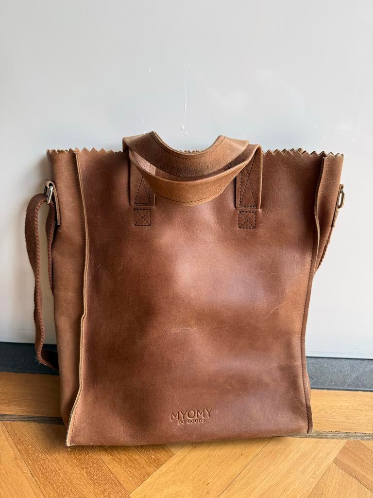 Myomy Paperbag Long handle zip hunter., Sieraden, Tassen en Uiterlijk, Tassen | Damestassen, Verzenden, Gebruikt, Bruin, Handtas
