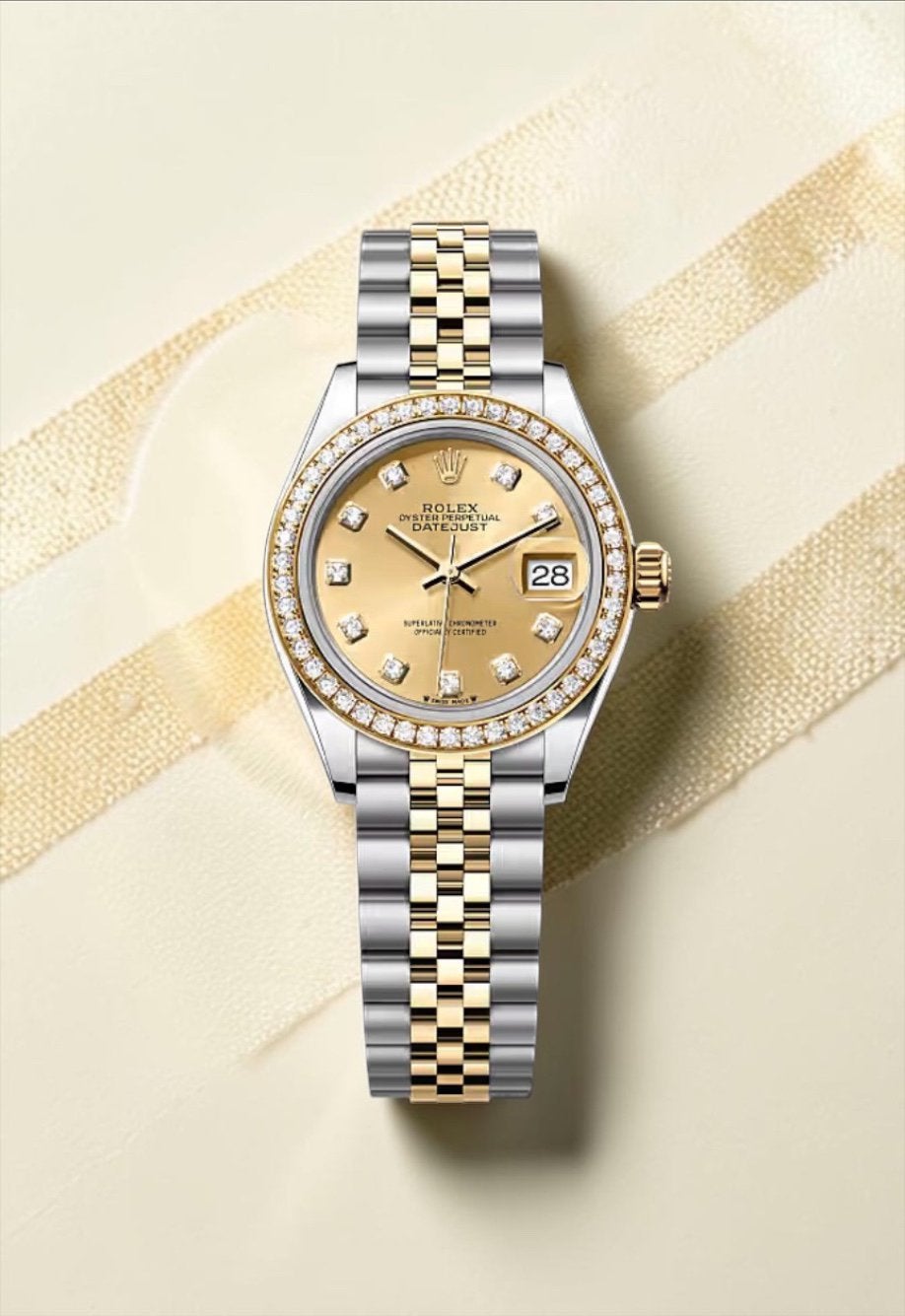 Rolex Lady Datejust 28 GS Champagne met Factory Diamonds, Staal, Rolex, Ophalen of Verzenden, Zo goed als nieuw