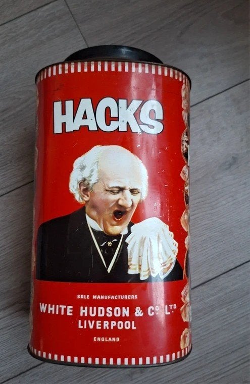 Vintage Hacks snoepblik White Hudson Liverpool Engeland, Verzamelen, Blikken, Gebruikt, Overige, Overige merken, Ophalen of Verzenden