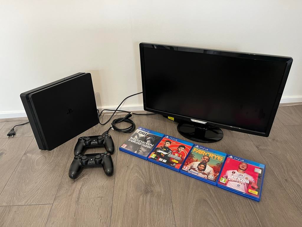 PS4 Slim Compleet met 2 Controllers, Monitor en Games, Met 2 controllers, Ophalen of Verzenden, Zo goed als nieuw, Slim