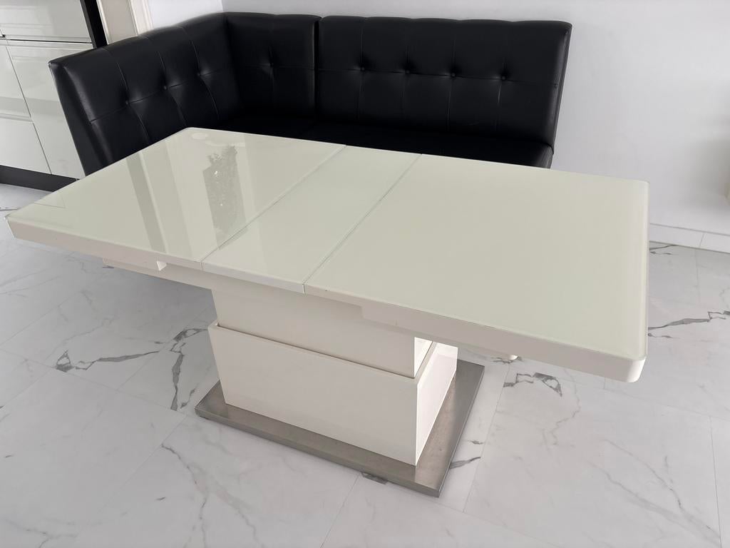 Uitschuifbare eettafel met glazen blad, Huis en Inrichting, Tafels | Eettafels, Gebruikt, 100 tot 150 cm, Glas, Vijf personen of meer