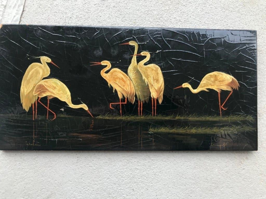 olieverf zwart lak paneel ooievaars kraanvogels flamingo's, Antiek en Kunst, Ophalen of Verzenden