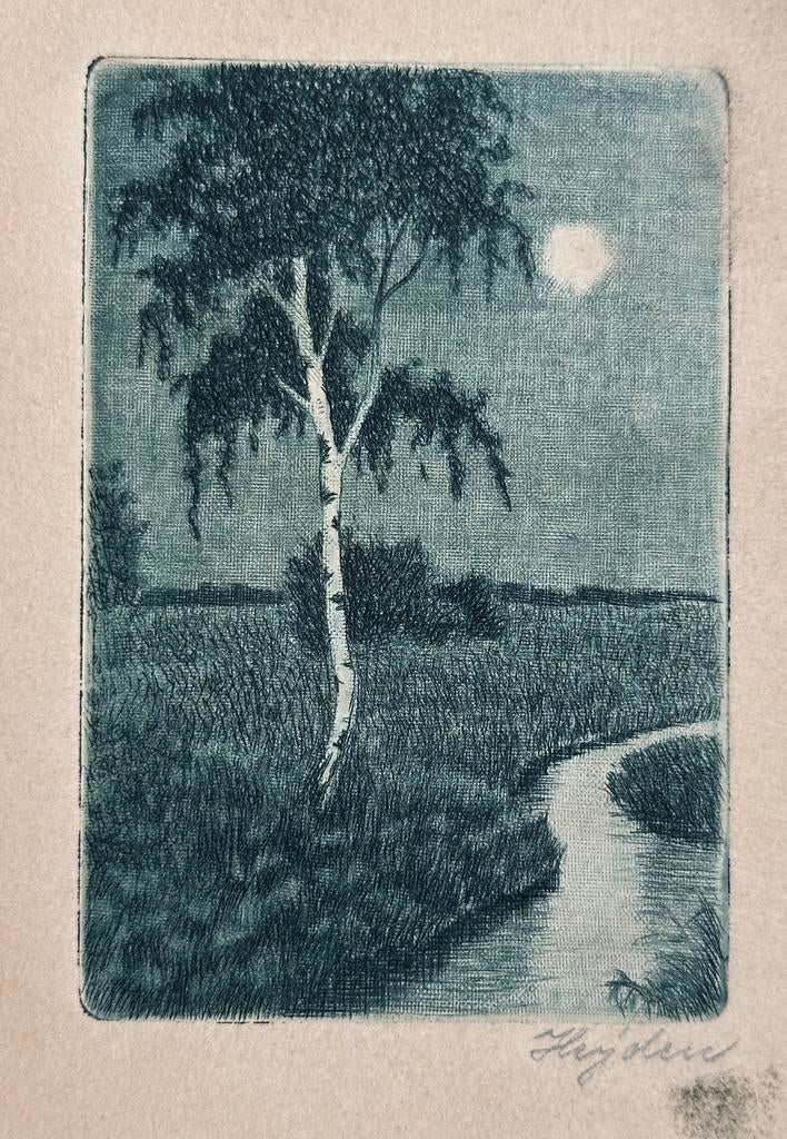 Ets landschap gesigneerd Heijden, Ophalen of Verzenden