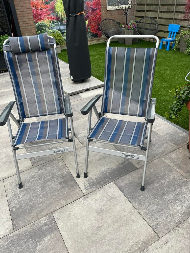 2 tuinstoelen van travel&co blauw grijs gestreept, Caravans en Kamperen, Ophalen, Gebruikt, Campingstoel