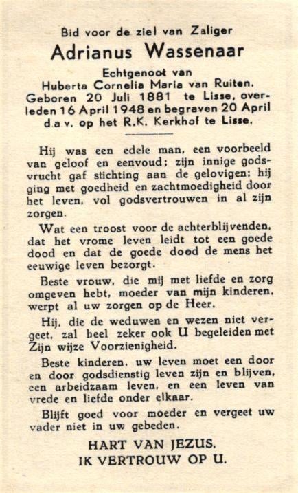 Wassenaar Adrianus 1881-1948 Lisse, Ophalen of Verzenden