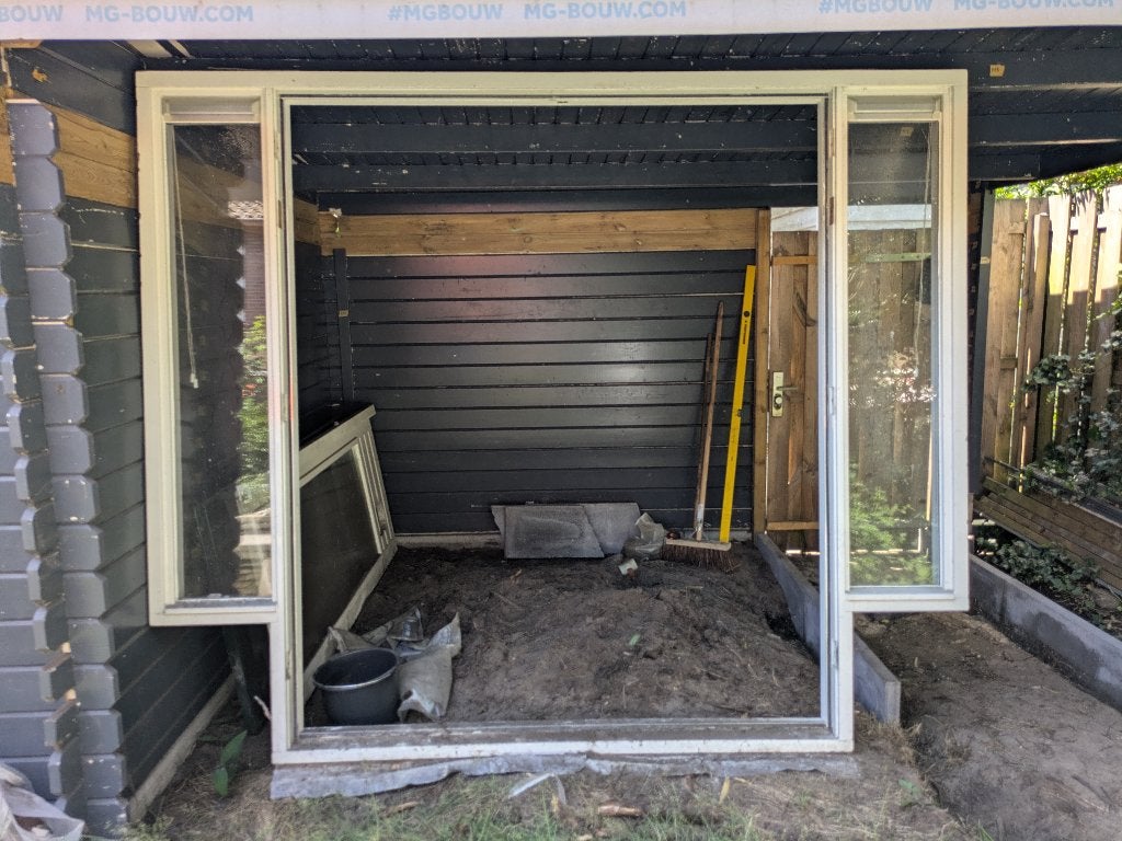 Hardhouten kozijn met openstaande deuren (266 x 220 cm), Ophalen, Gebruikt, Deurkozijn, 225 cm of meer