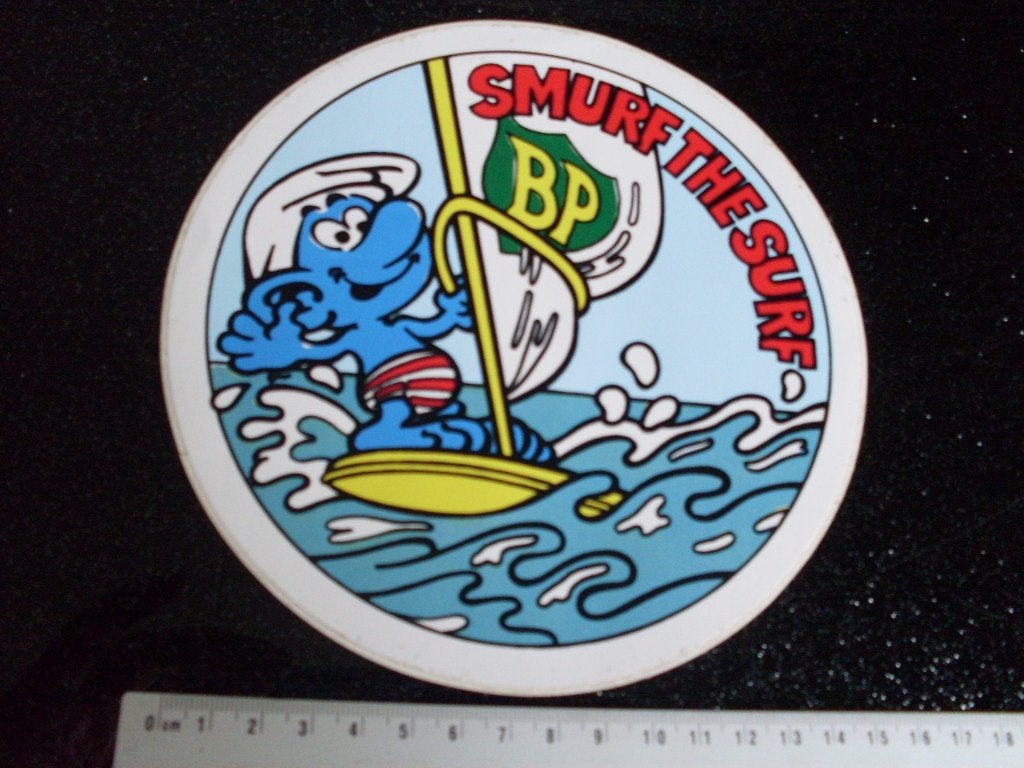 sticker BP logo smurf the surf surfen, Verzenden, Zo goed als nieuw, Bedrijf of Vereniging