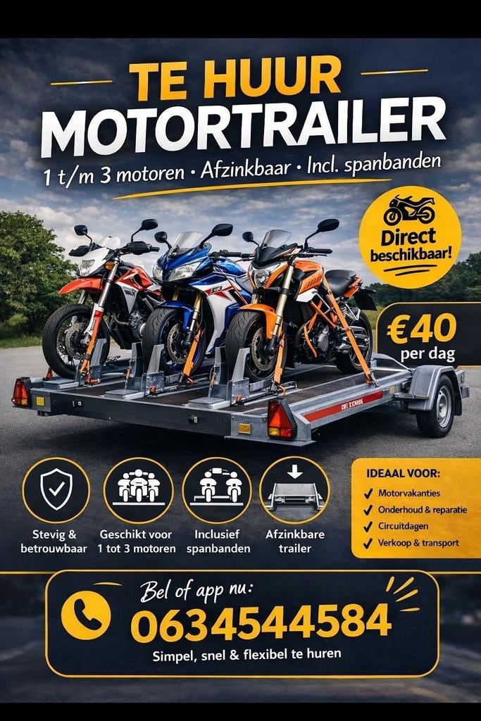 Motortrailer Motoraanhanger te huur Zuid Holland  ️✅🏍️, Diensten en Vakmensen, Verhuur | Auto en Motor