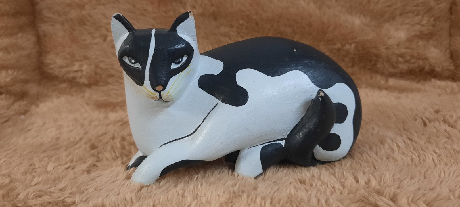 Vintage houten kat beeldje - zwart/wit, Verzamelen, Ophalen of Verzenden