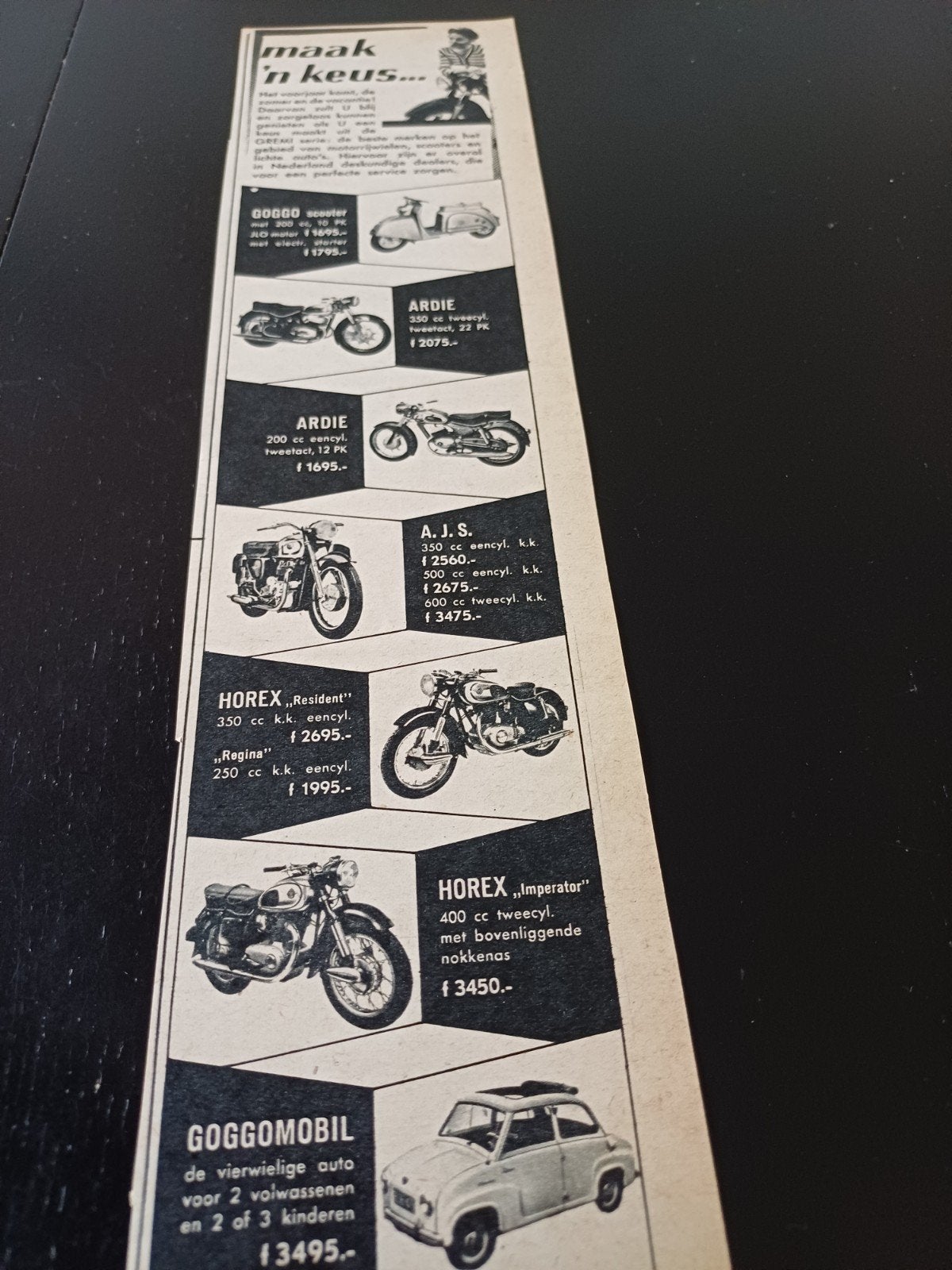 advertentie Gremi Goggomobil,  Horex, Ardie, A.J.S. 1956, Ophalen of Verzenden, Zo goed als nieuw, Auto's