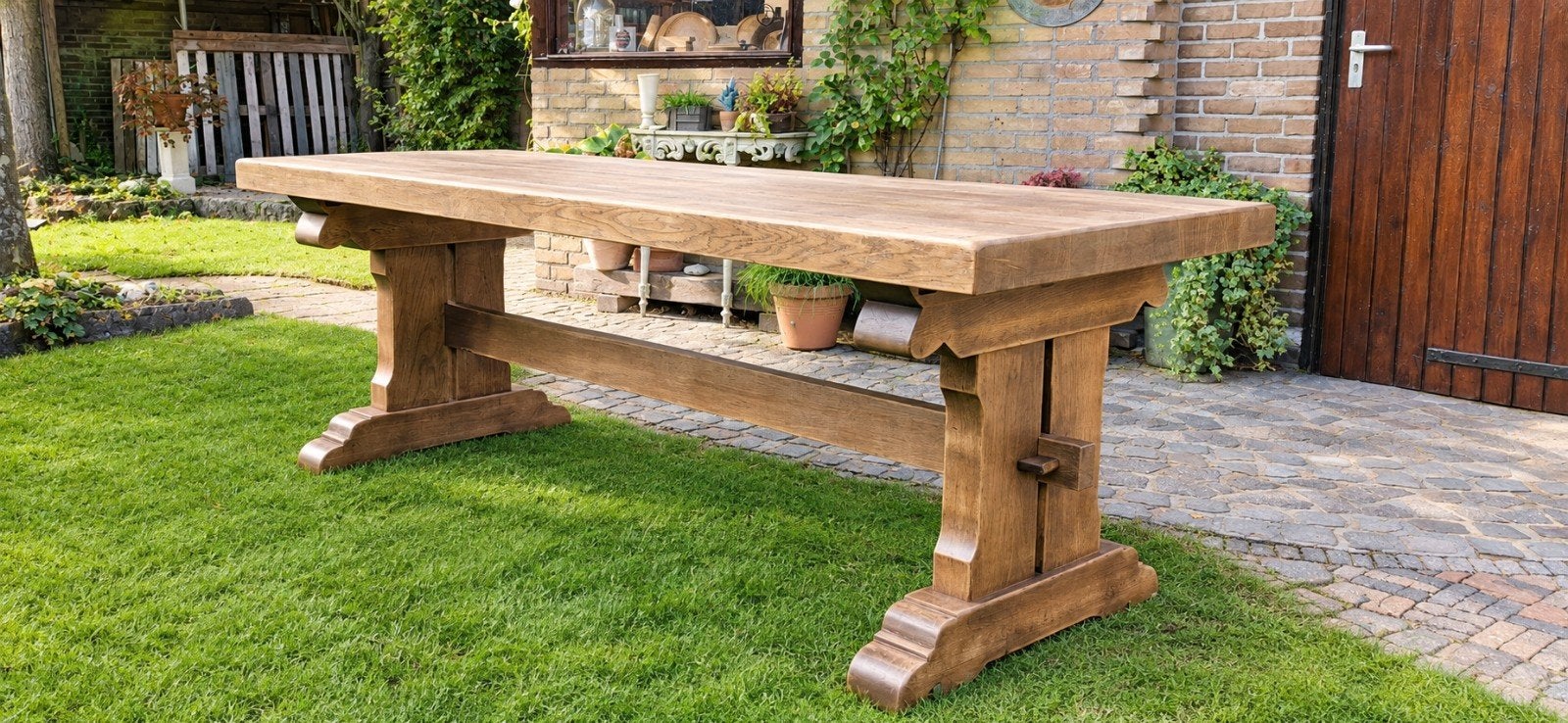 Oude eikenhouten eettafel kloostertafel. 202x80.5 cm, Landelijk sober stoer, Eikenhout, Zo goed als nieuw, Vijf personen of meer