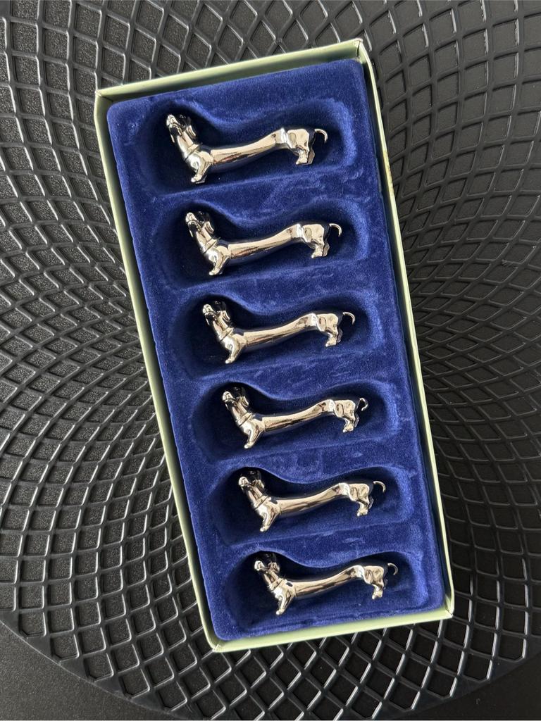 Vintage teckel messenleggers set van 6 met doos hond bestek, Antiek en Kunst, Ophalen of Verzenden