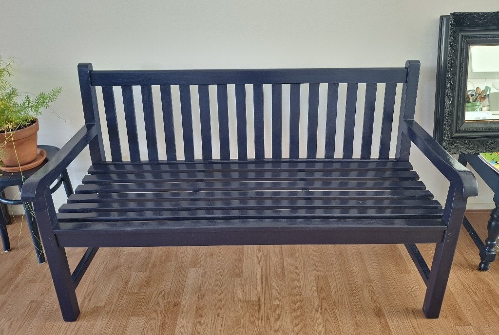 Brede en zware houten tuinbank met armleuningen in blauw, Ophalen, Nieuw, Hout